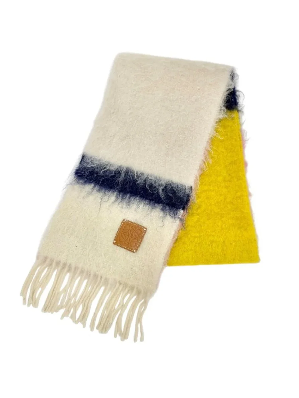Loewe Wool Mohair Anag Lambskin Patch Border Fringe Long Scarf Ivory Multicolor